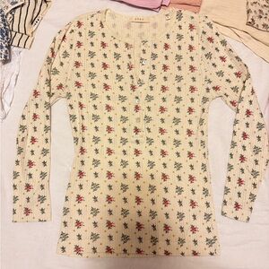 Doen Paola T-Cream Ribbed Henley Red/Blue/Yellow/Green Floral Print, S